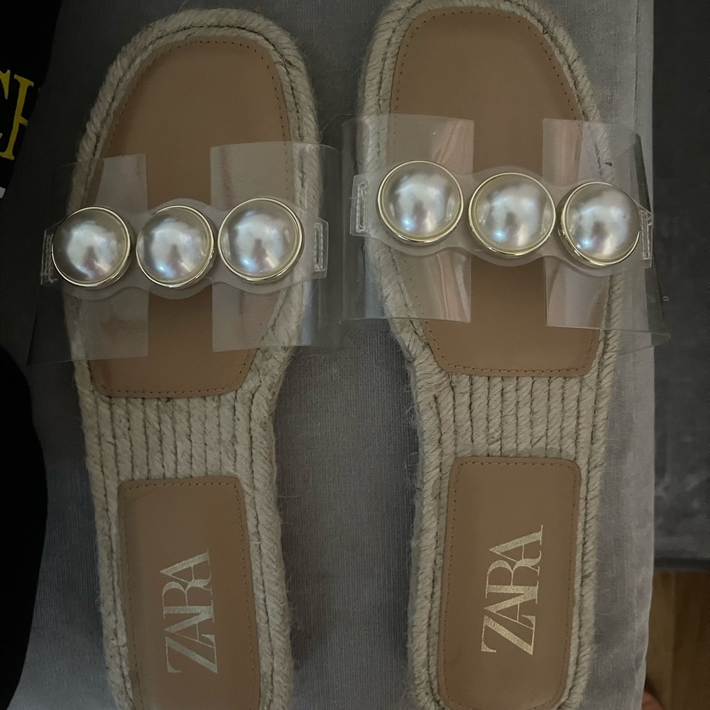 Zara clear pearl embellished flat sandals